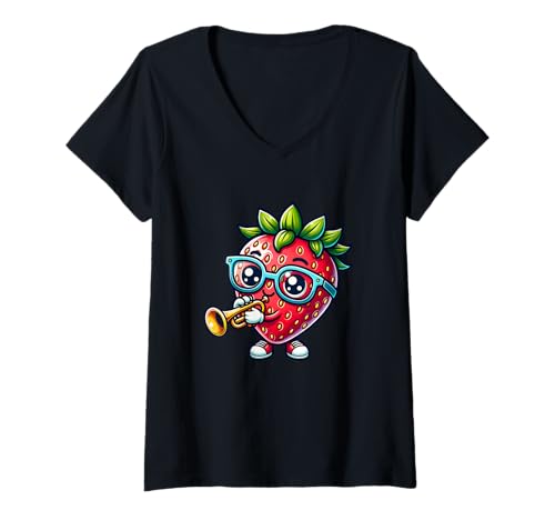 Damen Trompete Erdbeere Spielt Musik Cool T-Shirt mit V-Ausschnitt von Trompete Erdbeere Musik Spaß Frucht
