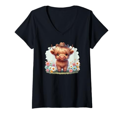 Damen Niedlicher Cowboyhut mit Highland-Kuh, Landhausstil, Blumenmuster, Kalb T-Shirt mit V-Ausschnitt Damen Niedlicher Cowboyhut mit Highland-Kuh, Landhausstil, Blumenmuster, Kalb T-Shirt mit V-Ausschnitt von Tronic Tees