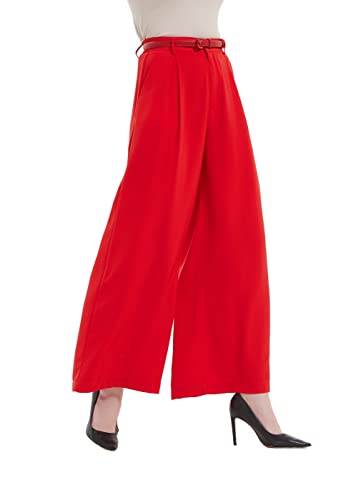 Tronjori Damen Hose Weites Bein Frauen Lange Hose mit Taschen Einfarbig Lose elastische Hohe Taille Freizeithose Business-Arbeitshose für Freizeit Arbeit Büro(L, Rot) von Tronjori