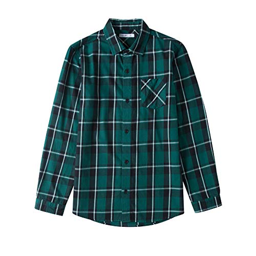 Tronjori Jungen Baumwolle Plaid Knopf unten Langarmshirts mit Brusttasche(10,Dunkel Grün) von Tronjori