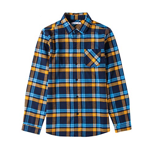 Tronjori Jungen Baumwolle Plaid Knopf unten Langarmshirts mit Brusttasche(10,Navy Orange) von Tronjori