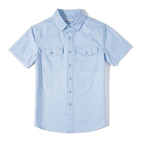 Tronjori Jungen Kurzarm Hemd, Volltonfarbe Freizeithemd Baumwolle mit Zwei Taschen für 5-14 Jahre Kinder, Light Blue, 14 von Tronjori