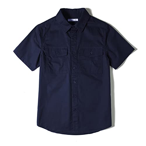Tronjori Jungen Kurzarmhemd Kurzärmliges Hemd Einfarbig Freizeithemden Baumwolle Mit Zwei Taschen für 5-14Jahre Kinder(12,Navy) von Tronjori