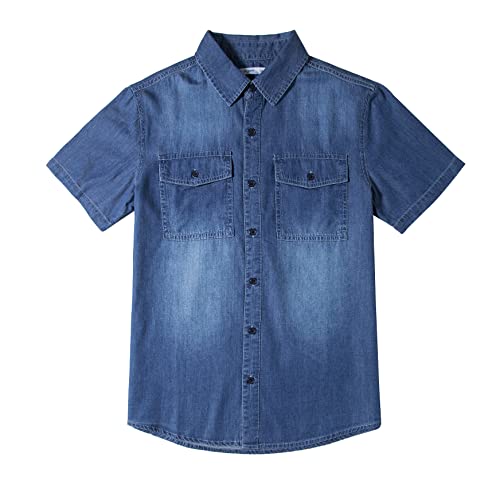 Tronjori Jungen Kurzarmhemd Kurzärmliges Hemd Einfarbig Freizeithemden Baumwolle Mit Zwei Taschen für 5-14Jahre Kinder(14,Denim Blau) von Tronjori