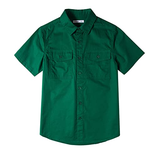 Tronjori Jungen Kurzarmhemd Kurzärmliges Hemd Einfarbig Freizeithemden Baumwolle Mit Zwei Taschen für 5-14Jahre Kinder(14,Dunkel Grün) von Tronjori