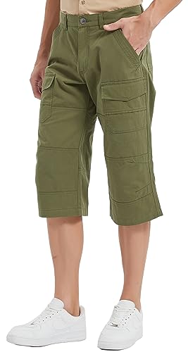 Tronjori Lässige Bermuda-Shorts für Herren, Lange Cargo-Shorts, Caprihose, 3/4-Hose mit Beintaschen, Olivgrün, 49 von Tronjori