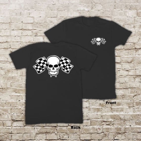 Skull & Checkered Flags Auto Drag Race Hot Rat Rod Racing Schwarz Oder Weiß Kurzarm T-Shirt von TrooperbayShop