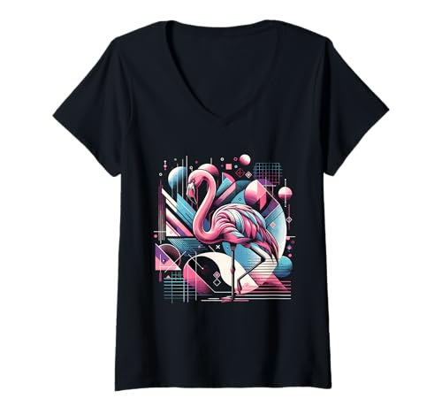 Damen Flamingo Retro Style Geometrisch Pop Art Look T-Shirt mit V-Ausschnitt Damen Flamingo Retro Style Geometrisch Pop Art Look T-Shirt mit V-Ausschnitt von Tropenvogel Grafik 80er Farben Muster Ästhetik