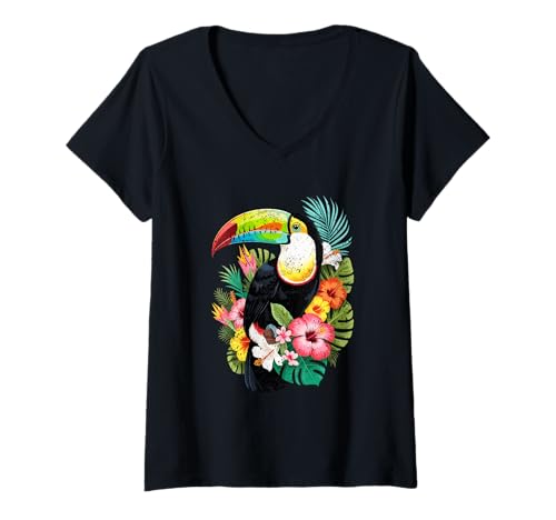 Damen Farbenfroher Tukan mit tropischen Blumen, Dschungelvogelliebhaber T-Shirt mit V-Ausschnitt von TropiVibe