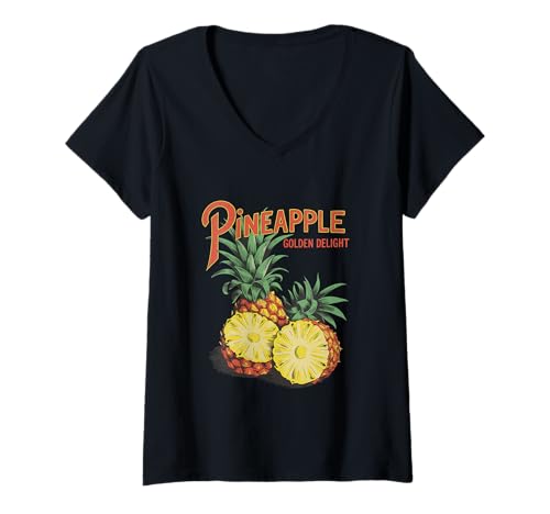 Damen Ananasfrucht Delight Tropical Summer Vintage Style T-Shirt mit V-Ausschnitt von TropiWear