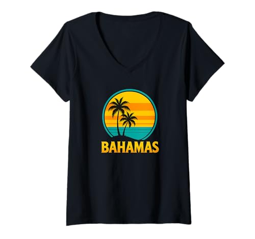 Damen Bahamas, Motiv: Tropischer Ozean, Sonnenuntergang, Inseldesign T-Shirt mit V-Ausschnitt Damen Bahamas, Motiv: Tropischer Ozean, Sonnenuntergang, Inseldesign T-Shirt mit V-Ausschnitt von TropicZen Brand
