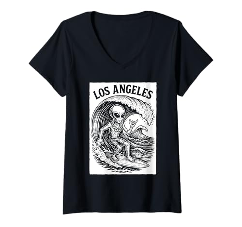 Damen Los Angeles Surfen Funny Alien Surfer UFO Beach Surf T-Shirt mit V-Ausschnitt Damen Los Angeles Surfen Funny Alien Surfer UFO Beach Surf T-Shirt mit V-Ausschnitt von Tropical Alien Surfing Los Angel Summer Vacation