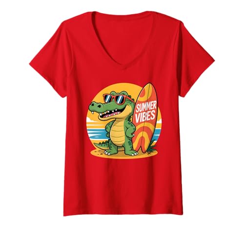Damen Süßes Alligator-Sommer-Vibes-Strand-Surf-Board Urlaub T-Shirt mit V-Ausschnitt Damen Süßes Alligator-Sommer-Vibes-Strand-Surf-Board Urlaub T-Shirt mit V-Ausschnitt von Tropical Animal Fun Summer Coastal Vibes