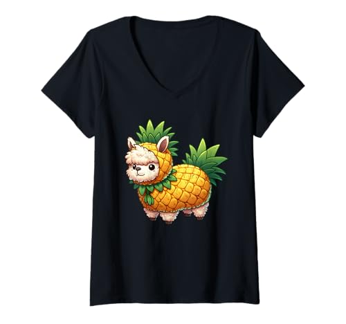 Damen Süßes Alpaka in Ananas Kostüm T-Shirt mit V-Ausschnitt von Tropical Animal Vibes Collection