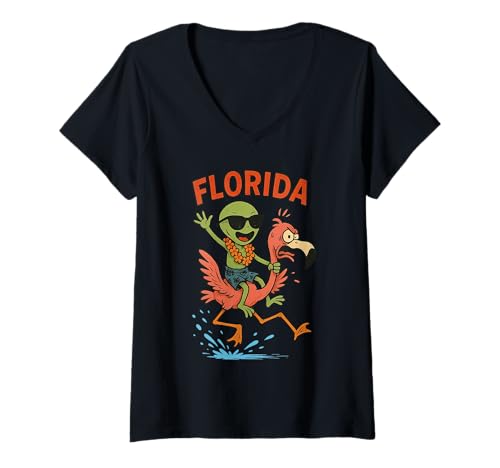 Damen Alien Flamingo Florida Sommerurlaub Lustiges Meme T-Shirt mit V-Ausschnitt Damen Alien Flamingo Florida Sommerurlaub Lustiges Meme T-Shirt mit V-Ausschnitt von Tropical Beach Alien Meme Space Aesthetic Design
