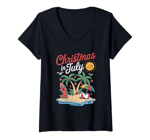 Damen Weihnachten im Juli Tropical Beach Holiday Island T-Shirt mit V-Ausschnitt Damen Weihnachten im Juli Tropical Beach Holiday Island T-Shirt mit V-Ausschnitt von Tropical Beach Holiday Summer Christmas Vibes