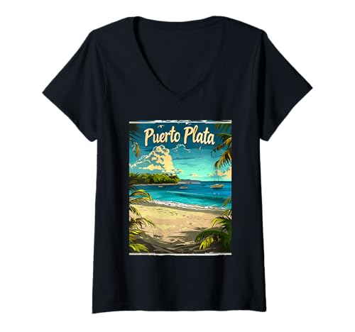 Damen Tropischer Strandurlaub in Puerto Plata T-Shirt mit V-Ausschnitt von Tropical Beach Paradise Scenic Travel