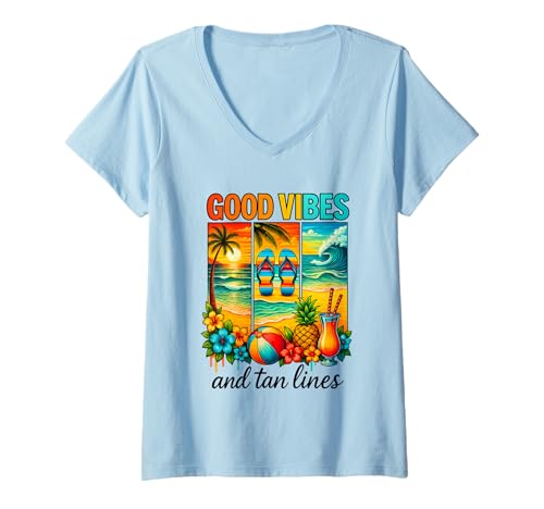 Damen Gute Stimmung und hellbraune Linien im Sunset Paradise T-Shirt mit V-Ausschnitt Damen Gute Stimmung und hellbraune Linien im Sunset Paradise T-Shirt mit V-Ausschnitt von Tropical Beach Sunset Adventure Vibes