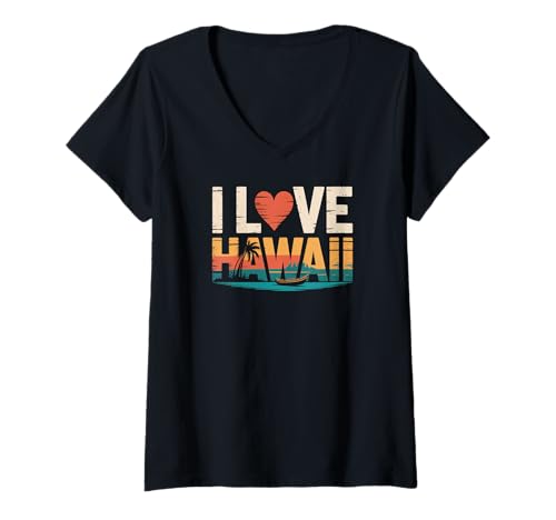 Damen Ich Liebe Hawaii Palm Tree Ocean Waves T-Shirt mit V-Ausschnitt Damen Ich Liebe Hawaii Palm Tree Ocean Waves T-Shirt mit V-Ausschnitt von Tropical Beach Sunset Island Vibes