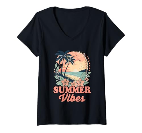Damen Sommerstimmung Tropischer Sonnenuntergang am Palm Beach T-Shirt mit V-Ausschnitt von Tropical Beach Sunset Paradise Design