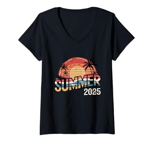 Damen Sommer 2025 Tropical Beach Vibes Design T-Shirt mit V-Ausschnitt Damen Sommer 2025 Tropical Beach Vibes Design T-Shirt mit V-Ausschnitt von Tropical Beach Vacation Vibes Summer