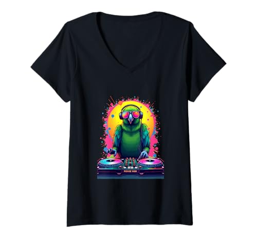 Damen DJ Papagei Retro Pop Art Style T-Shirt mit V-Ausschnitt Damen DJ Papagei Retro Pop Art Style T-Shirt mit V-Ausschnitt von Tropical Beat Vibes