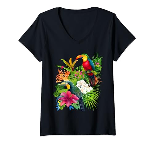 Damen Tropischer Vogel Regenwald Dschungel Grün Blumen T-Shirt mit V-Ausschnitt von Tropical Bird Rainforest Jungle Greenery Flowers