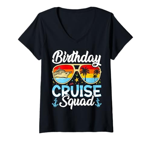 Damen Birthday Cruise Squad, Design mit tropischem Sonnenuntergang T-Shirt mit V-Ausschnitt Damen Birthday Cruise Squad, Design mit tropischem Sonnenuntergang T-Shirt mit V-Ausschnitt von Tropical Birthday Crew Apparel