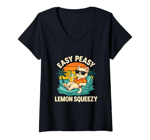 Damen Lustiger Katzen-Sommer-Pool Retro Limonade Chill T-Shirt mit V-Ausschnitt Damen Lustiger Katzen-Sommer-Pool Retro Limonade Chill T-Shirt mit V-Ausschnitt von Tropical Cat Humor Pool Sunset Vacation Vibes