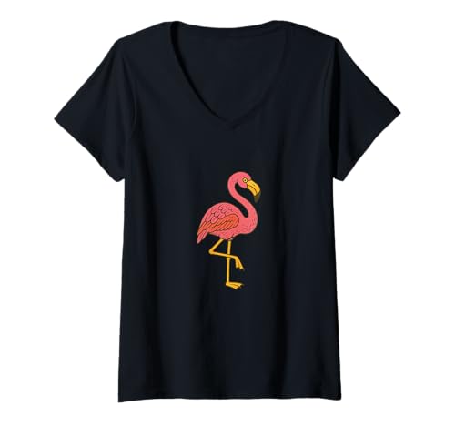 Damen Retro-Design mit rosafarbenem Flamingo, tropischer Vogel, Sommer-Strandstimmung T-Shirt mit V-Ausschnitt Damen Retro-Design mit rosafarbenem Flamingo, tropischer Vogel, Sommer-Strandstimmung T-Shirt mit V-Ausschnitt von Tropical Charm Emporium