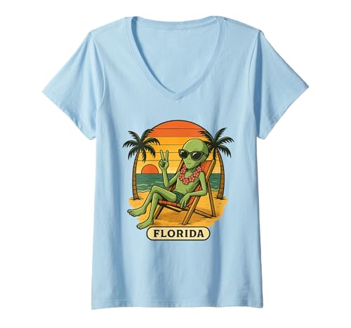 Damen Lustige Alien-Sommerurlaubsreise nach Florida Beach T-Shirt mit V-Ausschnitt von Tropical Chill Alien Florida Vacation Retro Space