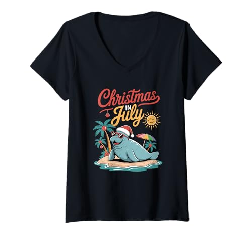 Damen Weihnachten im Juli Festlicher Strandspaß T-Shirt mit V-Ausschnitt Damen Weihnachten im Juli Festlicher Strandspaß T-Shirt mit V-Ausschnitt von Tropical Christmas Celebration Fun Beach
