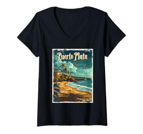 Damen Abbildung der tropischen Strandatmosphäre in Puerto Plata T-Shirt mit V-Ausschnitt von Tropical Coastal Beach Vibes Getaway Scenic