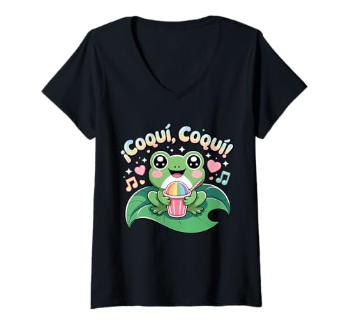 Damen ¡Coquí, Coquí! Süßer Frosch Tropical Vibes T-Shirt mit V-Ausschnitt Damen ¡Coquí, Coquí! Süßer Frosch Tropical Vibes T-Shirt mit V-Ausschnitt von Tropical Coquí Frog Tropical Delight
