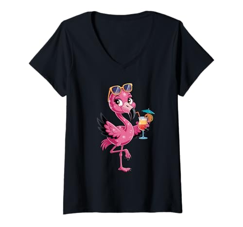 Damen Rosa Flamingo mit Sonnenbrille und tropischem Cocktail T-Shirt mit V-Ausschnitt Damen Rosa Flamingo mit Sonnenbrille und tropischem Cocktail T-Shirt mit V-Ausschnitt von Tropical Flamingo Summer Vacation Vibes
