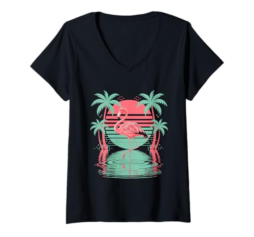 Damen Flamingo-Sonnenuntergang, Spiegelung am Strand T-Shirt mit V-Ausschnitt von Tropical Flamingo Sunset Paradise