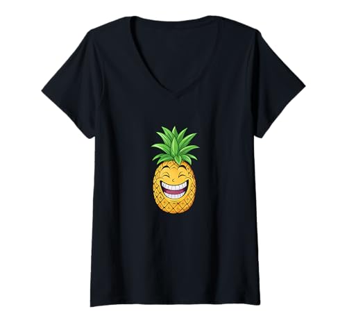 Damen Happy Cartoon Ananas Summer Vibes T-Shirt mit V-Ausschnitt Damen Happy Cartoon Ananas Summer Vibes T-Shirt mit V-Ausschnitt von Tropical Fun Pineapple Summer Smiles