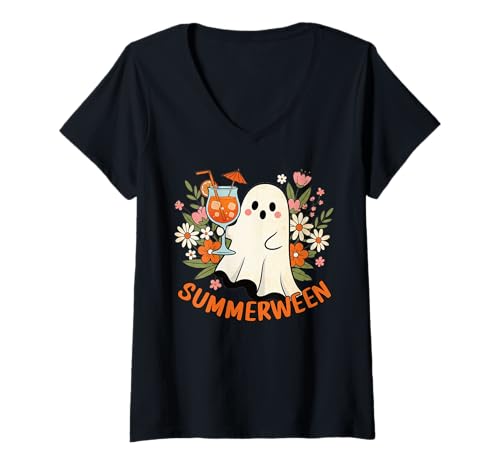 Damen Süßes Summerween Ghost Drink & Flowers Halloween Damen Mädchen T-Shirt mit V-Ausschnitt Damen Süßes Summerween Ghost Drink & Flowers Halloween Damen Mädchen T-Shirt mit V-Ausschnitt von Tropical Ghost Halloween Floral Tee Co.