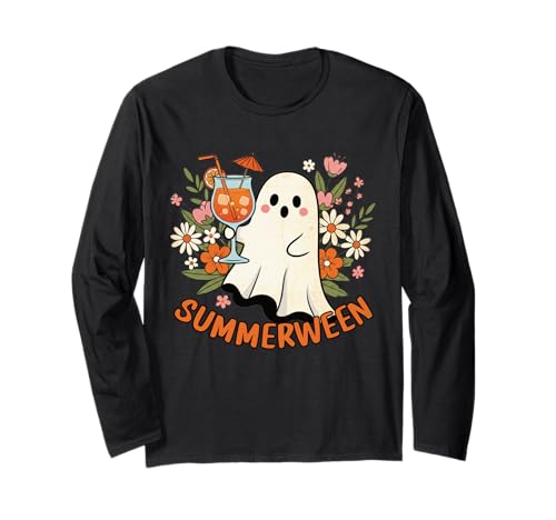 Süßes Summerween Ghost Drink & Flowers Halloween Damen Mädchen Langarmshirt von Tropical Ghost Halloween Floral Tee Co.