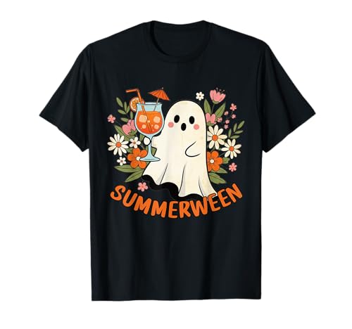 Süßes Summerween Ghost Drink & Flowers Halloween Damen Mädchen T-Shirt von Tropical Ghost Halloween Floral Tee Co.