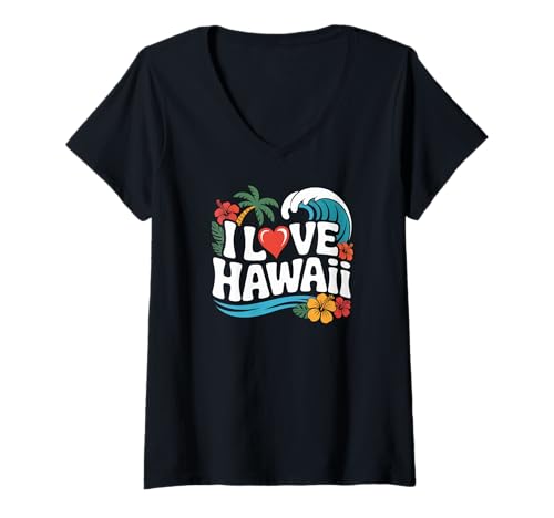Damen Ich liebe Hawaii Tropical Surf Paradise T-Shirt mit V-Ausschnitt von Tropical Hawaii Beach Vacation Apparel