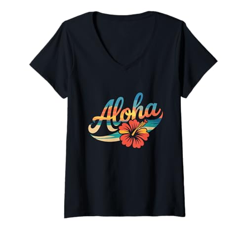 Damen Aloha Hibiscus Sunset Beach Vibes T-Shirt mit V-Ausschnitt Damen Aloha Hibiscus Sunset Beach Vibes T-Shirt mit V-Ausschnitt von Tropical Hawaiian Beach Vibes Aloha