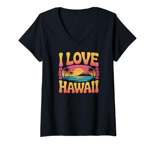 Damen Ich Liebe Hawaii Retro Sunset Vibes T-Shirt mit V-Ausschnitt Damen Ich Liebe Hawaii Retro Sunset Vibes T-Shirt mit V-Ausschnitt von Tropical Island Paradise Adventure