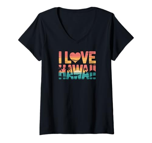 Damen I Love Hawaii Retro Palmen Ocean Sunset T-Shirt mit V-Ausschnitt Damen I Love Hawaii Retro Palmen Ocean Sunset T-Shirt mit V-Ausschnitt von Tropical Island Paradise Beach Sunset Vibes