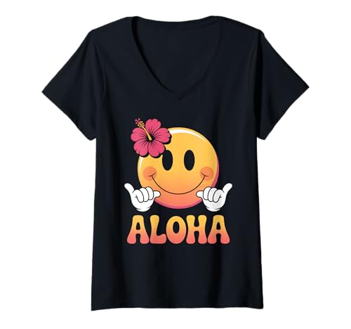 Damen Retro Aloha Happy Face Shaka Schild Hawaii Hibiskus Blume T-Shirt mit V-Ausschnitt von Tropical Island Surf Vibes Retro Apparel Co.
