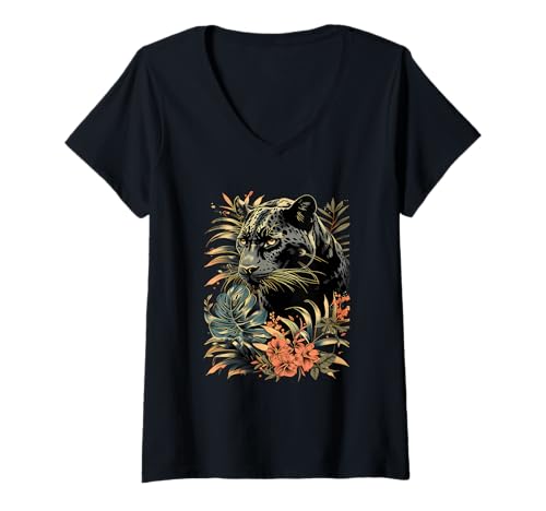 Damen Panther Nature Artwork Motiv Dschungel Tropische Tierkunst T-Shirt mit V-Ausschnitt von Tropical Jungle Animal Art
