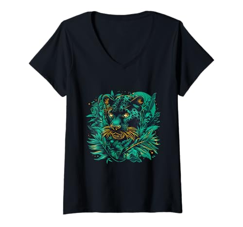 Damen Panther Nature Wildlife Panther Lover Portrait-Kunstwerk T-Shirt mit V-Ausschnitt von Tropical Jungle Animal Art