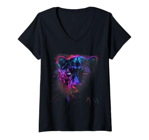 Damen Panther Portrait Kunstwerk Tier Kunst Zeichnung Panther Liebhaber T-Shirt mit V-Ausschnitt von Tropical Jungle Animal Art