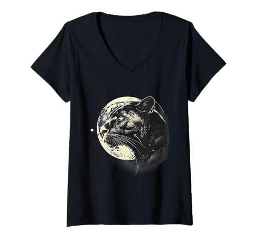 Damen Panther Tierdruck Zeichnung Motiv Tropische Tierkunst T-Shirt mit V-Ausschnitt von Tropical Jungle Animal Art