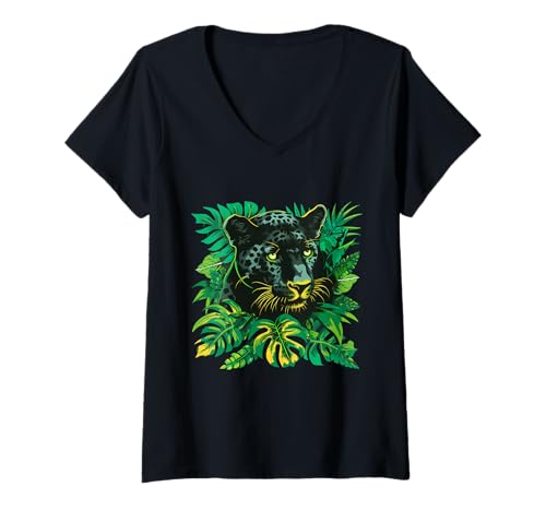 Damen Panther Zeichnung Tier Kunst Portrait Natur Panther Liebhaber T-Shirt mit V-Ausschnitt Damen Panther Zeichnung Tier Kunst Portrait Natur Panther Liebhaber T-Shirt mit V-Ausschnitt von Tropical Jungle Animal Art